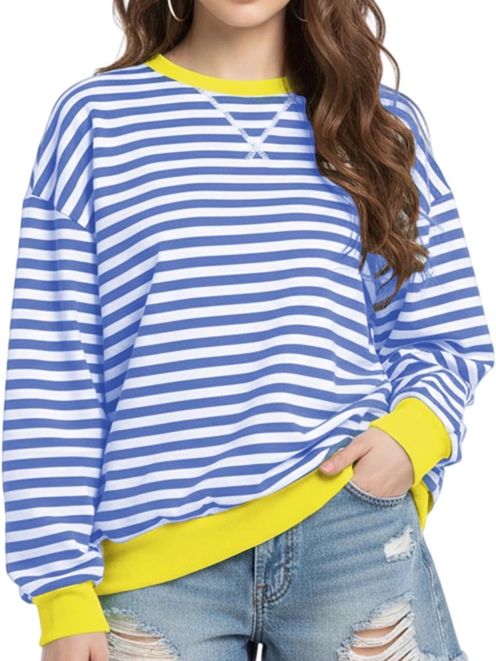 Blue and White Striped Pullover Sweatshirt with Yellow Trim